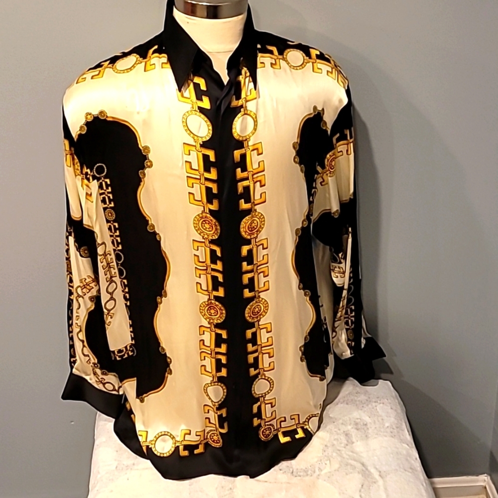 VINTAGE MENS GENELLI ABSTRACT GREEK MULTI-COLORED  SILK SHIRT SIZE XL